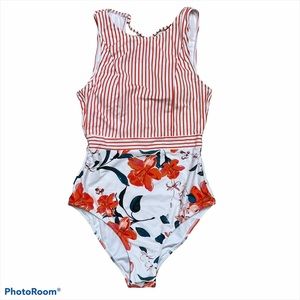 Cupshe Striped Floral Orange One Piece Swimsuit NWT